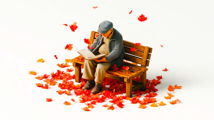 Miniature Grandpa Reading on a Park Bench in Autumn