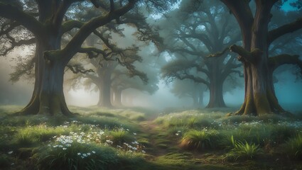 Naklejka premium Walking Path Through Foggy Forest With Wildflowers and Mossy Trees