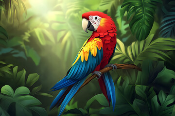 Fototapeta premium Vibrant Scarlet Macaw Perched on a Branch Amidst Lush Green Jungle Foliage