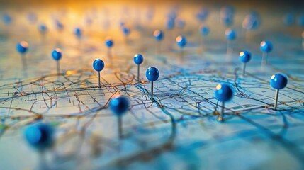 Close-up of a map with multiple blue push pins marking various locations, creating a sense of planning and exploration