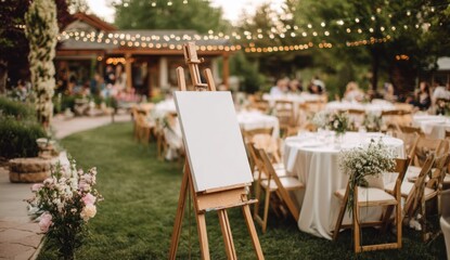 Wedding reception with blank canvas and flowers