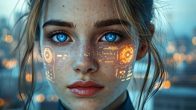 Cybernetic Beauty: A captivating portrait of a young woman with piercing blue eyes, seamlessly integrated with glowing holographic circuits, showcasing the captivating fusion of human and technology.