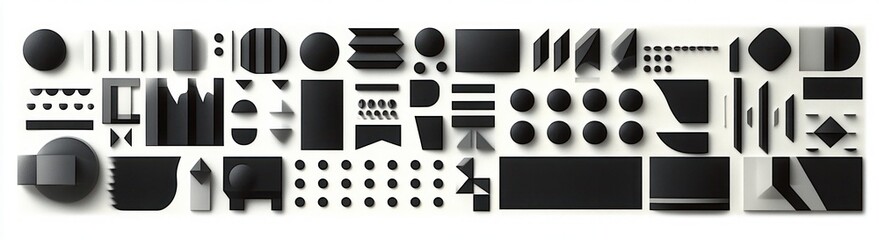 Collection of various black geometric shapes including circles, rectangles, triangles, and abstract forms arranged in horizontal rows casting soft shadows on a white background