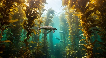 Diver in sunlit underwater kelp forest