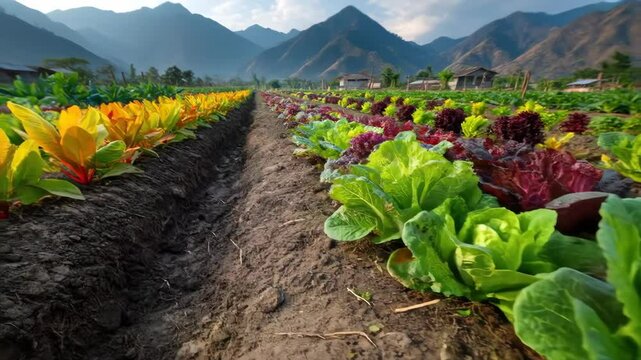 Vibrant rows of colorful lettuce and chard grow in a mountain valley farm.