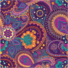 Folk Art Paisley Vector – Seamless pattern combining paisley and floral elements in a bold, colorful folk style with symmetrical and playful composition.