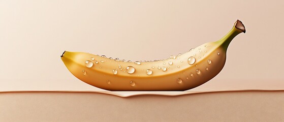 Dewy yellow banana on a tan surface