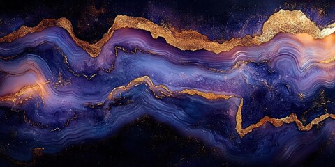 Naklejka premium Abstract fluid art resembling a deep cosmic landscape with flowing purple, blue, and gold textures creating a sense of depth and mystique