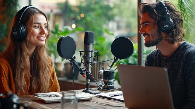 Podcast Recording Session: Two podcast hosts, a man and a woman, engage in a lively conversation while recording an episode in a cozy cafe setting.
