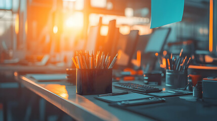 Creative workspace bathed in golden light, fostering productivity and artistic inspiration