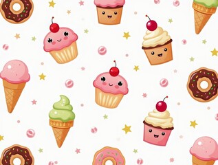 A cute pattern featuring smiling cupcakes, donuts, and ice cream cones with big expressive eyes, arranged playfully in a bright, colorful layout