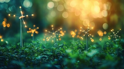 Glowing decorative light sticks resembling dandelions in green foliage with warm bokeh background lighting creating a magical evening atmosphere