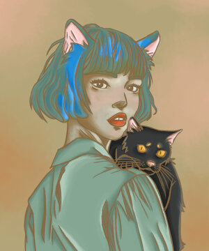 Fototapeta An illustration of a catgal tenderly holding her black cat on twilight in her cozy room to comfort her after her mom death, and the cat looking serene or affectionately alert.