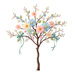 Fototapeta premium Enchanting Spring Tree with Pastel Flowers and Delicate Ribbons, A Whimsical Celebration of Nature and Pastel Aesthetics