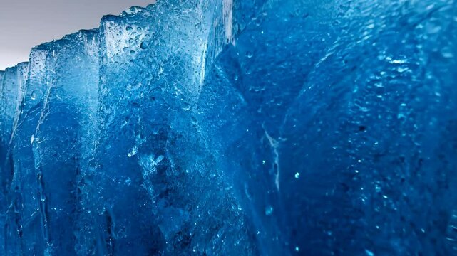 Close-up view of a textured blue ice formation with frozen water droplets on a glacier, showing its jagged edge and clear crystalline surface.