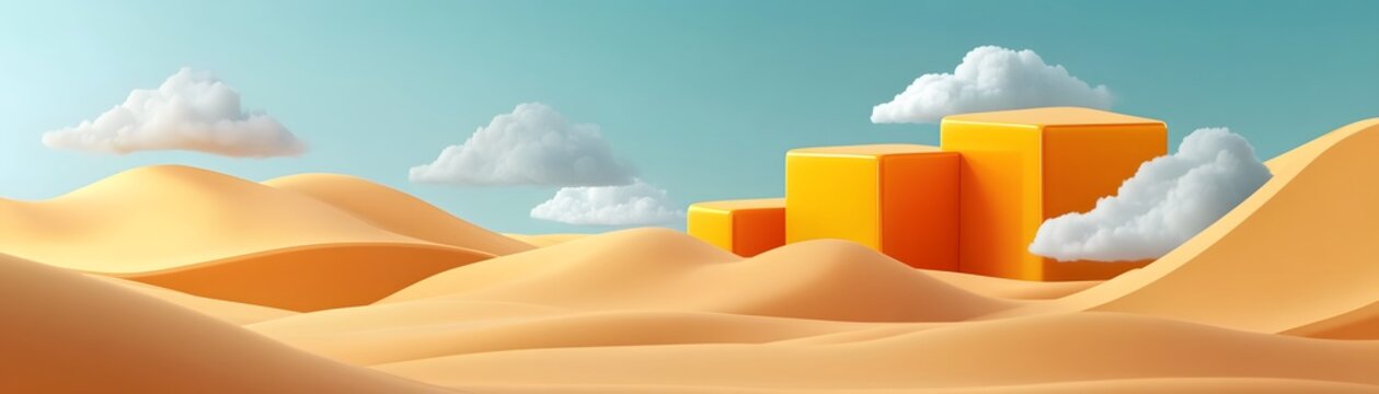 Colorful blocks ascend across a desert landscape.