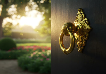 Golden door handle in lush garden