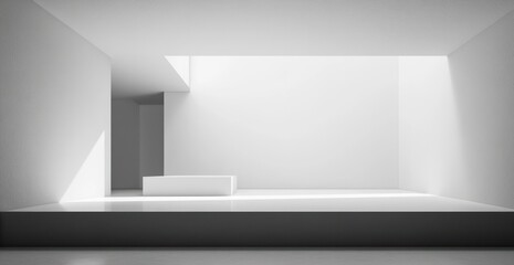 Obraz premium Minimalist empty white room with large rectangular skylight casting natural light across clean surfaces and geometric architectural shapes