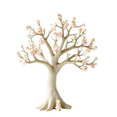 Enchanting tree adorned with delicate figurines standing gracefully on a featureless expanse creating a captivating and surreal artistic scene