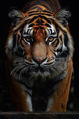 Fototapeta premium Close-up frontal view of a majestic tiger with intense eyes and detailed striped fur pattern emerging from darkness, evoking strength and focus