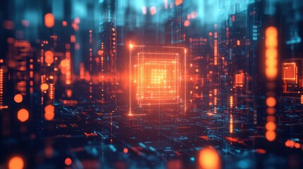 Naklejka premium Futuristic glowing orange and blue digital circuit with abstract technology and data visualization elements creating a sense of depth and high-tech atmosphere