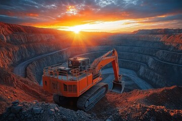 Large orange excavator at the edge of a deep open-pit mine with terraced rock walls at sunset under a dramatic cloudy sky