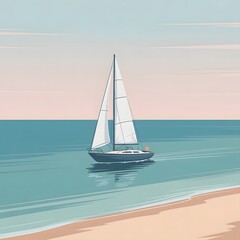 Obraz premium “Minimalist sailboat gliding on a calm blue sea with a pale sky.”