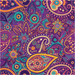Mandala-Inspired Paisley Vector Pattern – Intricate mandala elements blend into paisley motifs, adorned with floral spirals and ornamental dots in a repeating tile.