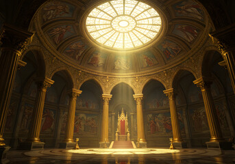 Grand interior architecture with golden columns and central throne