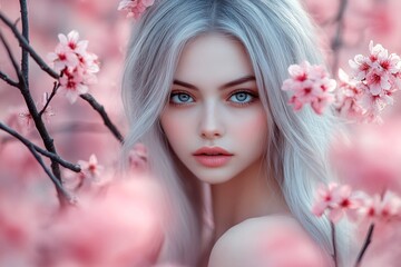 Fototapeta premium Commercial ad idea layout. Spring mood, golden hour in sunset. Gorgeous caucasian young woman surrounded by cherry blossoms. Woman surrounded by vivid spring blossoms.