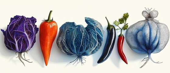 Diverse vegetables, orderly aligned, vibrant hues, presented against clean white