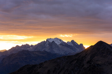 The specular landscape of  Passo Giau between sunset in Autumn season, Dolomite, Italy.