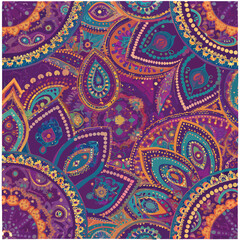 Boho Paisley Floral Seamless Vector &ndash; A whimsical fusion of swirling paisley teardrops with hand-drawn floral vines, leaves, and petals in a repeating pattern.