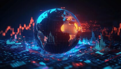 Digital globe with illuminated continents surrounded by futuristic data charts and graphs in a high-tech environment