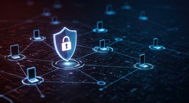 Digital security shield protects interconnected devices.  A network of connected devices is secured by a glowing shield with a lock