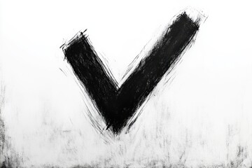 Fototapeta premium Bold black checkmark or V-shape painted with rough brushstrokes on a white background conveying a sense of approval or achievement