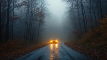 Obraz premium Car with bright headlights driving on a wet forest road surrounded by tall bare trees in foggy and dark atmospheric conditions