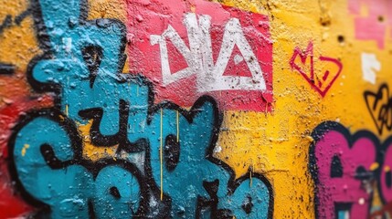 Colorful urban graffiti on rough textured wall featuring bold letters and heart shapes with vibrant blue, yellow, pink, red, and black paint evoking energetic and creative street art vibe
