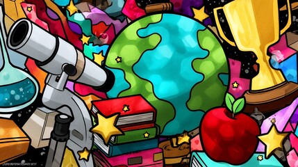 Education themed image; science tools, apple, globe, trophy and books on colorful background