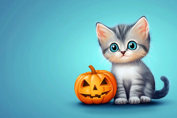 Cute gray kitten sitting beside a carved Halloween pumpkin on a bright blue background