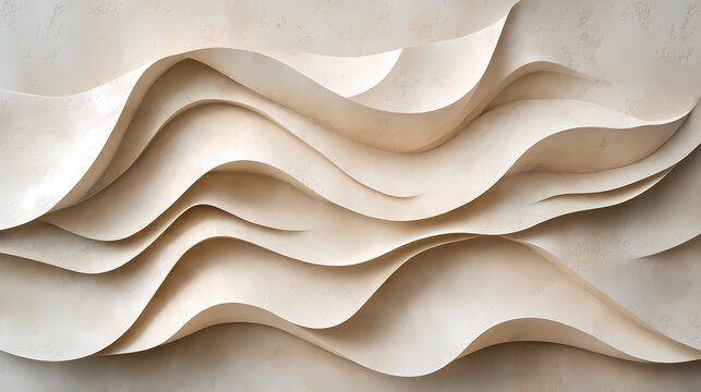Wavy textured wall art design in a soft beige tone with layered undulating forms creating a modern aesthetic. [Subterranean Echo] | Murmur Depth | layered tone. Illustration