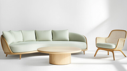 Scandinavian furniture, sage green sofa, light oak table, modular sofa, mid-century modern, cane lounge chair, brass legs, minimalist design, natural lighting, pure white background, high-end catalog