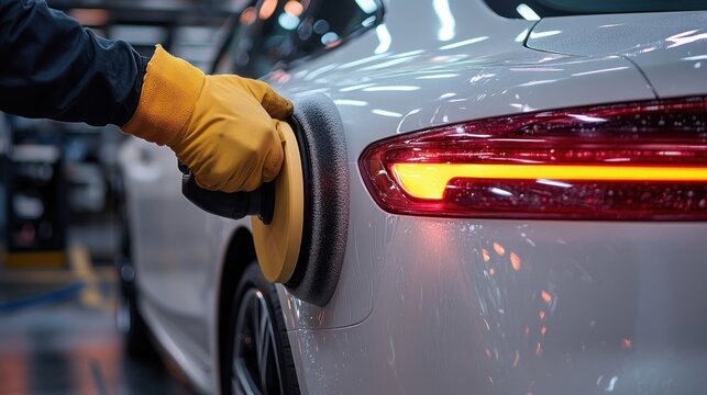 Close-up of a person wearing yellow gloves polishing the side of a white car with a buffer machine in a garage or workshop