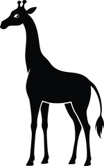 A black silhouette vector illustration shows a wild giraffe and a farm horse