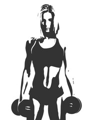 Vector illustration of a strong woman silhouette with  dumbbelles isolated on white background