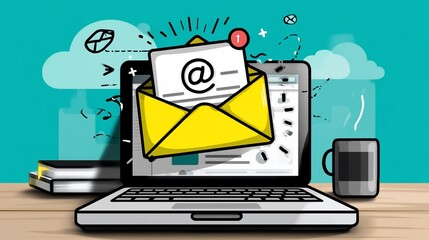 Email pops from laptop. Mug, book stack, clouds behind. Alert notification shown