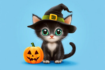 Adorable black cat in a witch hat sitting beside a carved pumpkin against a blue backdrop