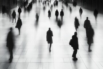 silhouettes of people walking in a large indoor space with blurred motion creating a sense of mystery and anonymity
