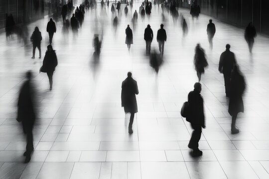 silhouettes of people walking in a large indoor space with blurred motion creating a sense of mystery and anonymity
