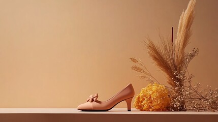Elegant shoe with flowers on a tan surface against a monochromatic backdrop